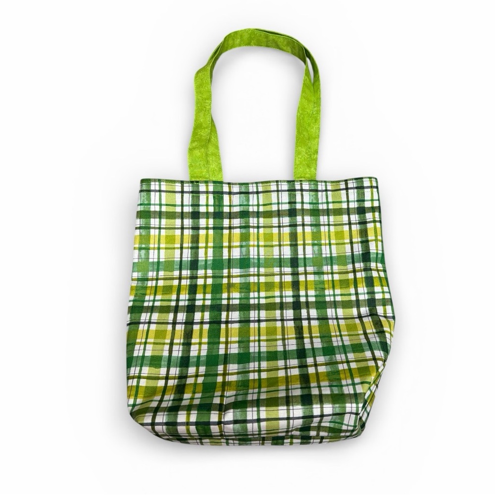 Hand Crafted Green Plaid Tote Bag with Green Polka Dots Liner Inside - Picture 6 of 8